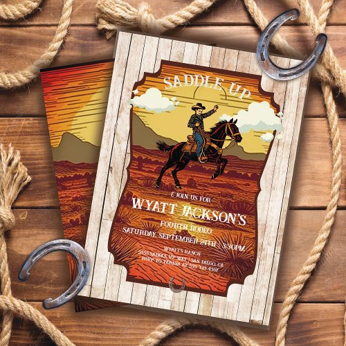 Saddle up little Cowboy Western Woodcut Birthday Invitation