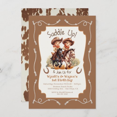 Saddle up little twin Cowboy horse birthday party Invitation