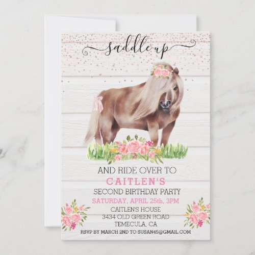 Saddle Up Pony Girls Floral Birthday    Invitation