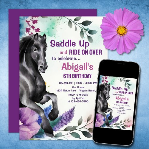 Saddle Up Pretty Black Horse and Flowers Birthday Invitation