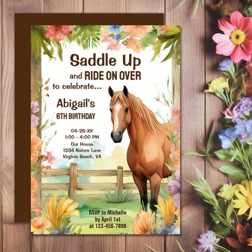 Saddle Up Pretty Horse and Flowers Birthday Invitation