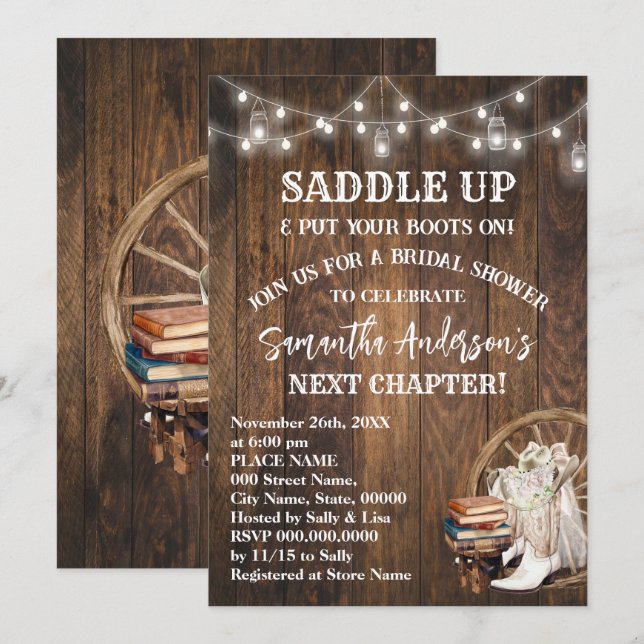 Saddle Up Put Your Boots & Books Bridal Shower Invitation (Front/Back)