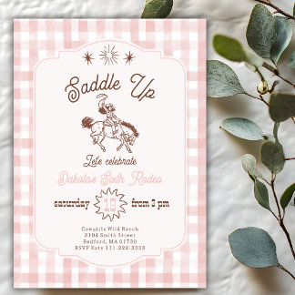 Saddle Up Rodeo Cowgirl Pink Gingham Birthday Invitation