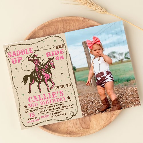 Saddle Up Rodeo Western Cowgirl Birthday Photo Invitation