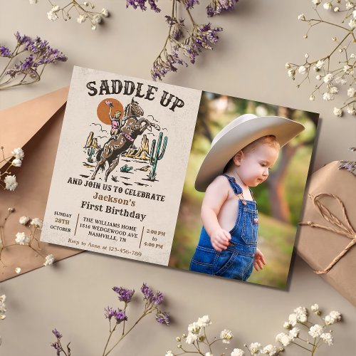 Saddle Up Western 1st Birthday Party Photo  Invitation