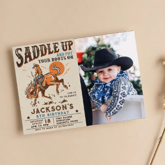 Saddle Up Western Rodeo Cowboy Birthday Photo Invitation