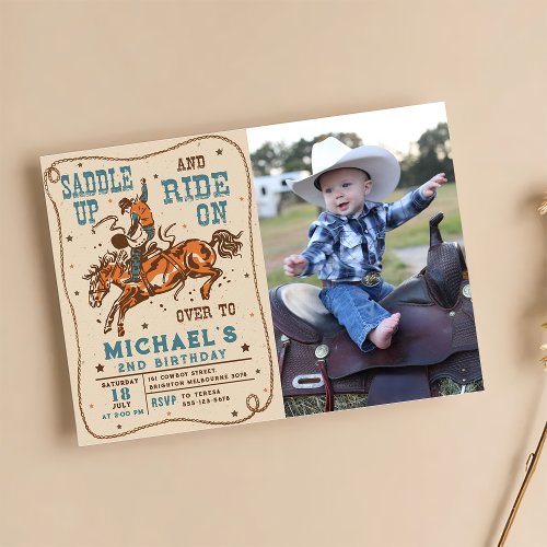 Saddle Up Western Rodeo Cowboy Birthday Photo Invitation