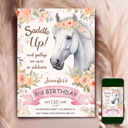 Saddle Up White Horse Pink Flowers 3rd Birthday  Invitation