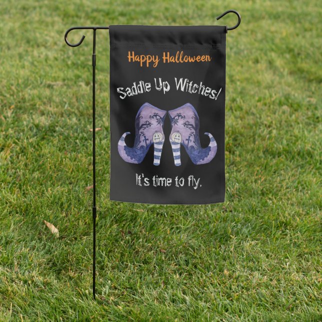 Saddle Up Witches Halloween Illustrated Boots  Garden Flag (In SItu)