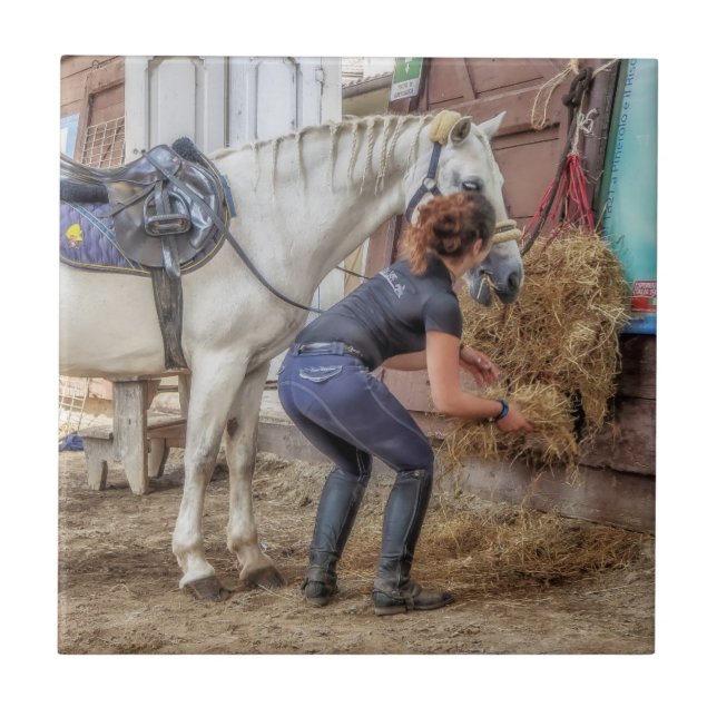 Saddled Horse at Feeding Time Ceramic Tile (Front)