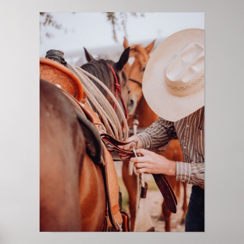Saddling a Brown Horse Straw Cowboy Hat Poster