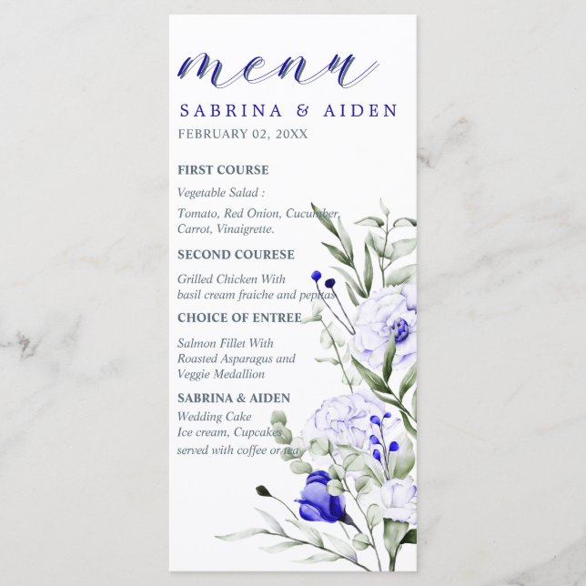 Sade Of Royal Blue Ivory Floral  Wedding  Menu (Front)
