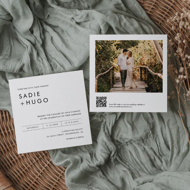 SADIE Minimal Square Wedding Invite Photo, QR Code
