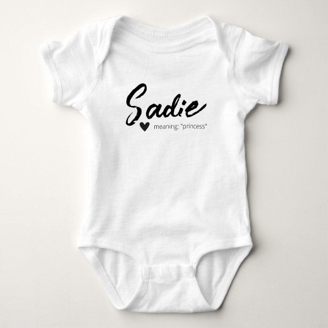 Sadie Name Reveal Meaning Minimal Modern Black Baby Bodysuit (Front)