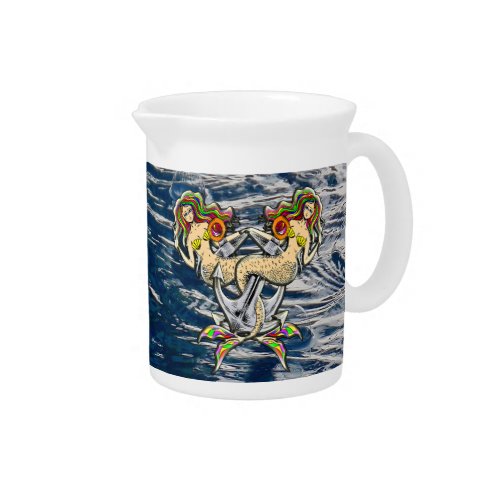 Sadly mermaids at anchor beverage pitcher