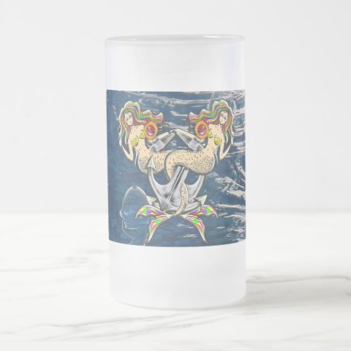 Sadly mermaids at anchor frosted glass beer mug