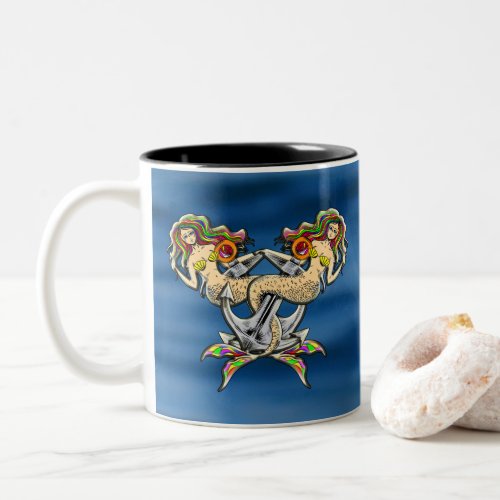 Sadly mermaids at anchor Two_Tone coffee mug