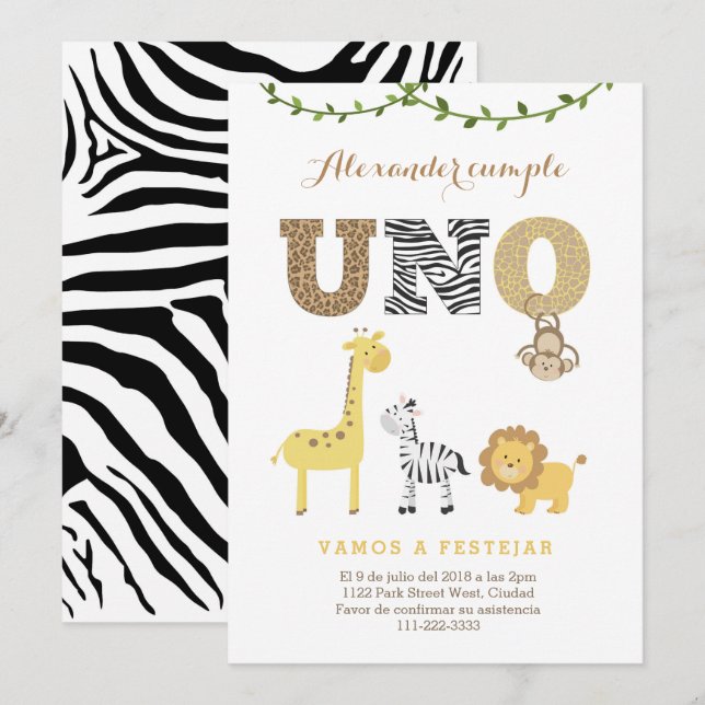 Safari 1st Birthday Invite in Spanish, 1er cumple (Front/Back)