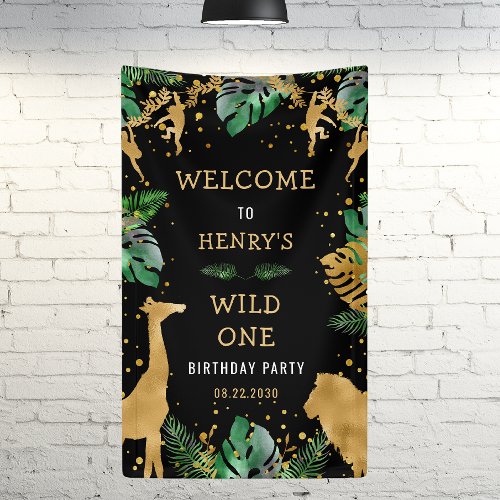Safari 1st Birthday Party Green Gold Black Welcome Banner