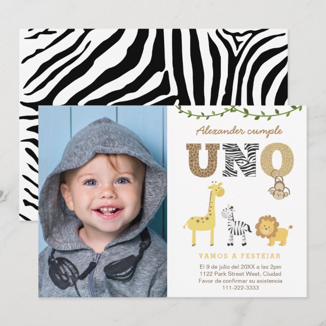 Safari 1st Birthday Party in Spanish, Primer Añito Invitation (Front/Back)