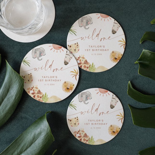 SAFARI 1st Birthday Party Round Paper Coaster (Creator Uploaded)