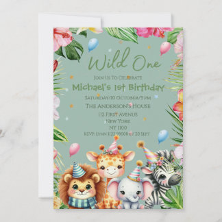Safari 1st Birthday Wild One Floral Kids Birthday Invitation