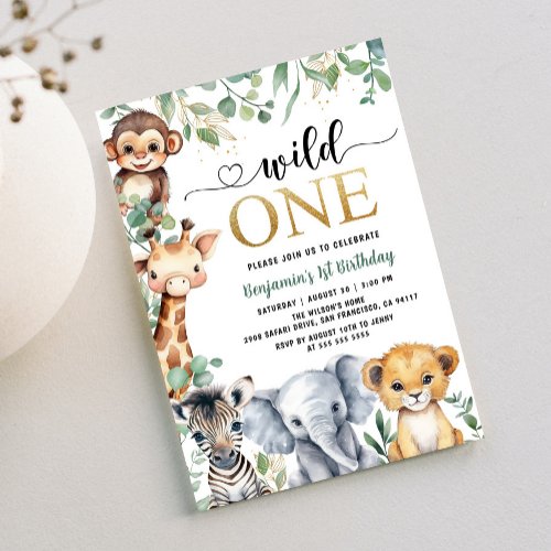 Safari 1st Birthday Wild One  Gold Jungle Animals Invitation