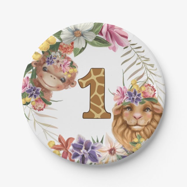 Safari 1st first monkey lion wild animal birthday paper plates (Front)