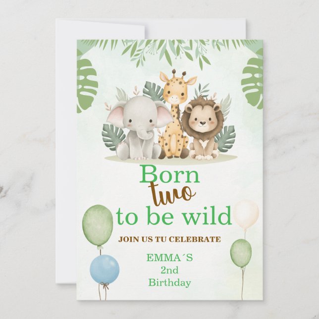 Safari 2nd Birthday Invitation | Born Two Be Wild (Front)
