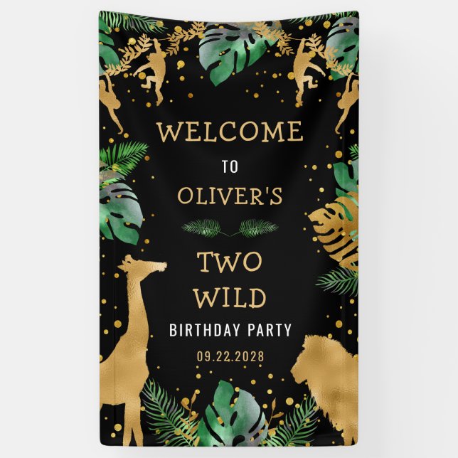 Safari 2nd Birthday Party Green Gold Black Welcome Banner (Vertical)