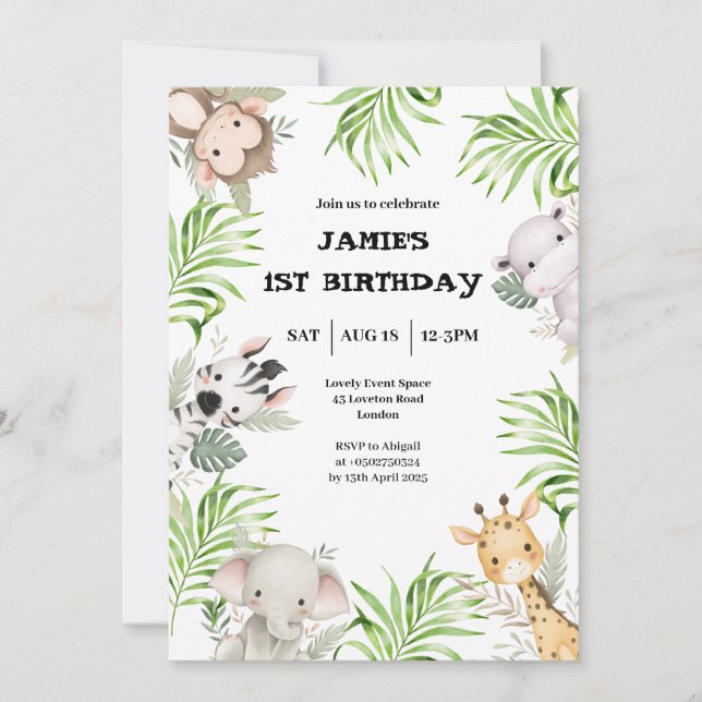 Safari Adventure 1st Birthday Invitation (Front)