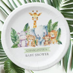 Safari Adventure Baby Shower Paper Plates<br><div class="desc">This safari adventure baby shower design showcases charming jungle animals including a hippo, giraffe, elephant, lion, monkey & tiger. Perfect for celebrating the arrival of a new bundle of joy. The vibrant colors and cute animal illustrations create a whimsical and playful atmosphere, setting the tone for a fun and memorable...</div>