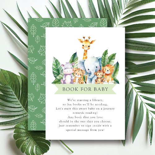 Safari Adventure Book for Baby Enclosure Card - This safari adventure baby shower design showcases charming jungle animals including a hippo, giraffe, elephant, lion, monkey & tiger.  Perfect for celebrating the arrival of a new bundle of joy. The vibrant colors and cute animal illustrations create a whimsical and playful atmosphere, setting the tone for a fun and memorable event. A delightful choice for any jungle-themed baby shower.