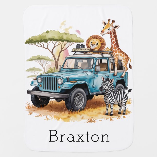 Safari Adventure Boy Baby Shower Gift Blanket (Front)