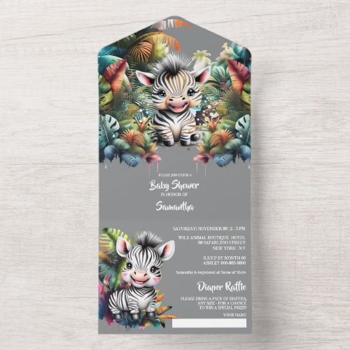 Safari adventure cute zebra jungle greenery zoo  all in one invitation