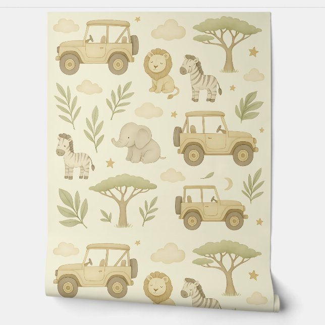 Safari Adventure Nursery Wallpaper Neutral Jungle Wallpaper (Unrolling)