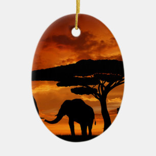 Safari African Baobab tree elephant silhouette Ceramic Ornament