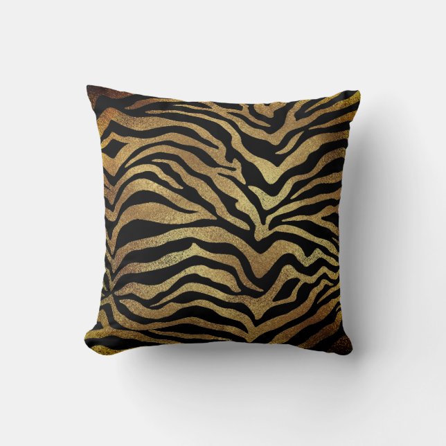 Safari African Gold Glam Zebra Animal Skin Black Throw Pillow (Front)
