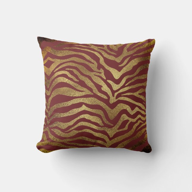 Safari African Gold Glam Zebra Animal Skin Burgund Throw Pillow (Front)
