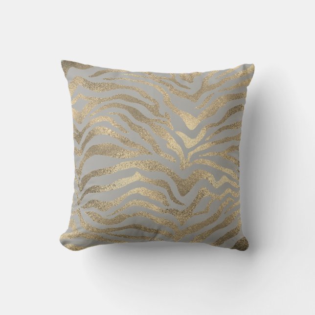 Safari African Gold Glam Zebra Animal Skin Gray Throw Pillow (Front)
