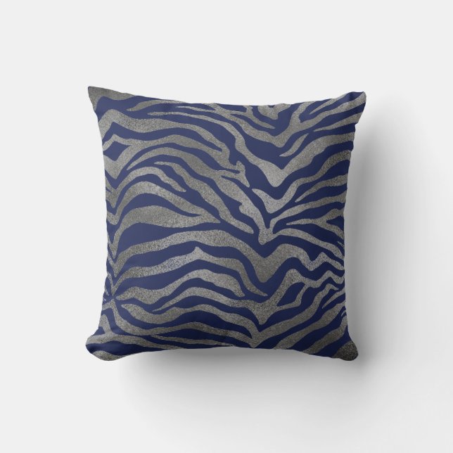 Safari African Silver Glam Zebra Animal Skin Navy Throw Pillow (Front)