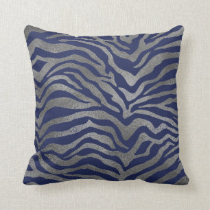 Safari African Silver Glam Zebra Animal Skin Navy Throw Pillow