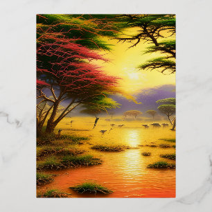 Safari, African Sunsets and Wild Animals. Foil Holiday Postcard