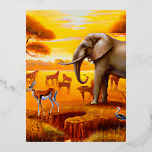 Safari, African Sunsets and Wild Animals Foil Holiday Postcard