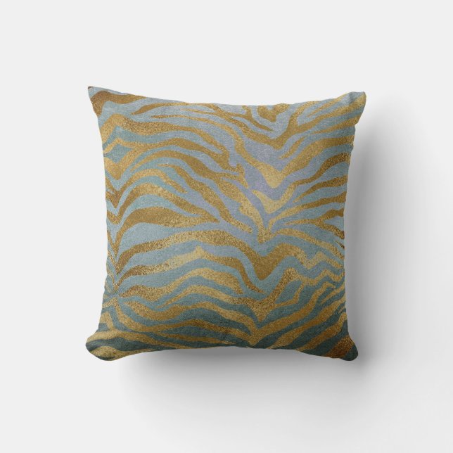 Safari African Teal Gold Glam Zebra Animal Skin Throw Pillow (Front)