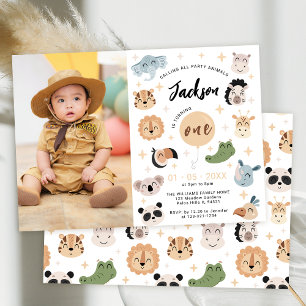 Safari animal 1st birthday boy photo invitation