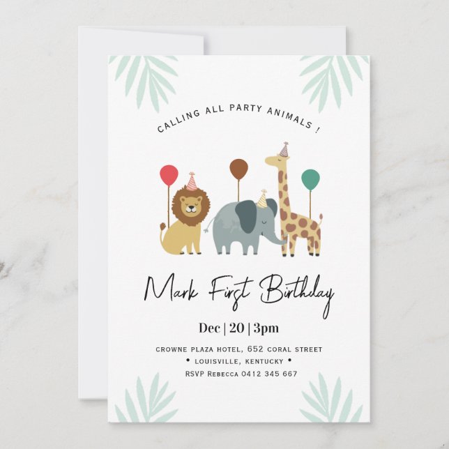 Safari Animal 1st  Birthday Party  Invitation (Front)