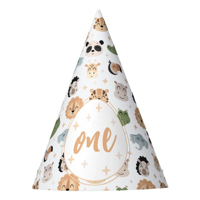 safari animal 1st one birthday boy paper hat (Front)
