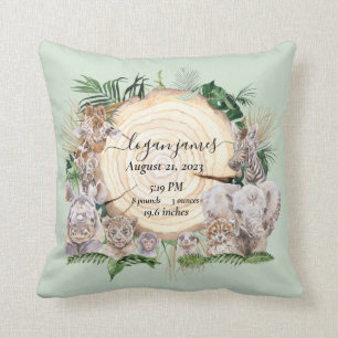 Safari Animal Babies Jungle Baby Birth Stats Throw Pillow