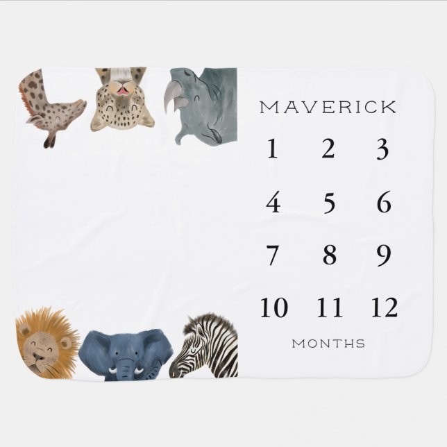 Safari Animal Baby Boy Monthly Milestone Baby Blanket (Horizontal)